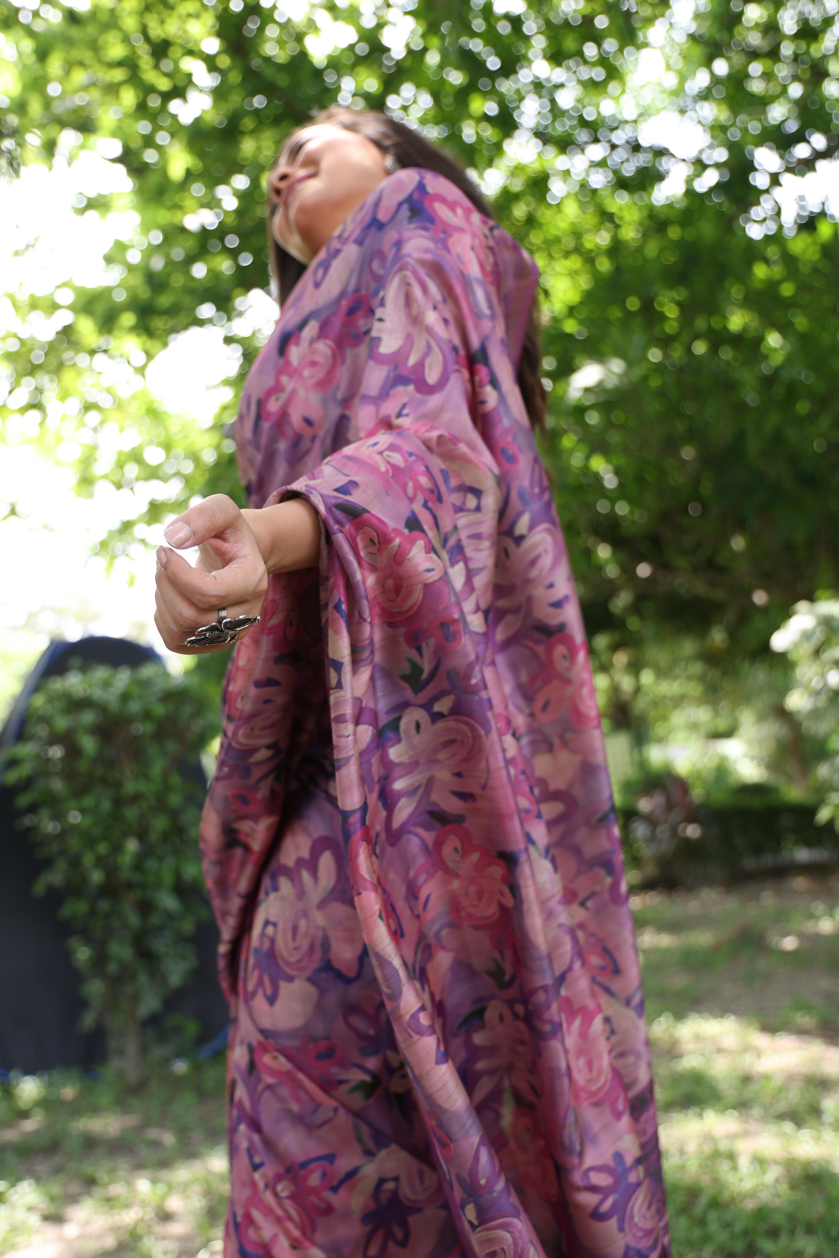 Jyoti Fashion Women's Purple Soft Tussar Silk Printed and Zari Woven Saree with Blouse - Distacart