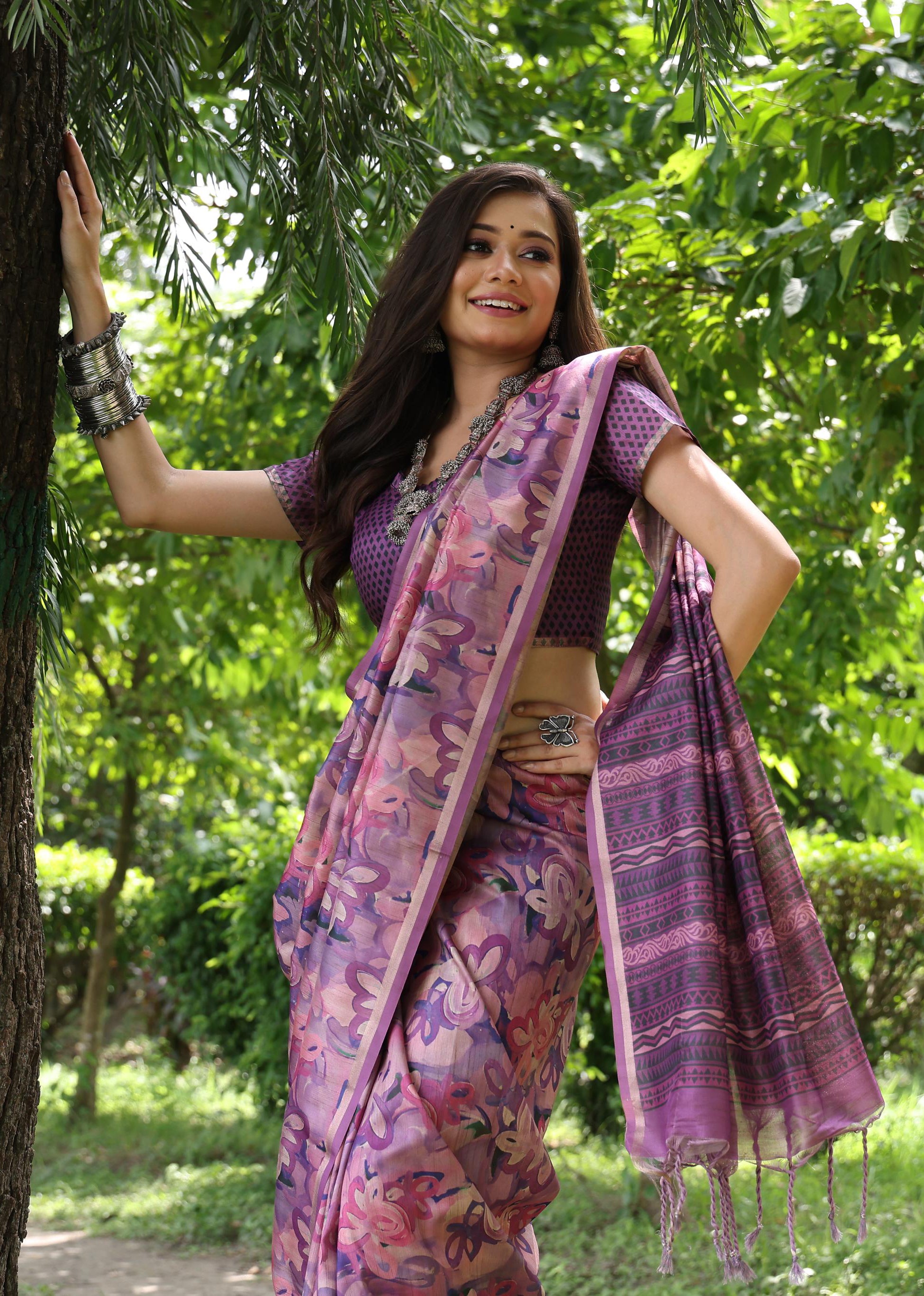 Jyoti Fashion Women's Purple Soft Tussar Silk Printed and Zari Woven Saree with Blouse - Distacart