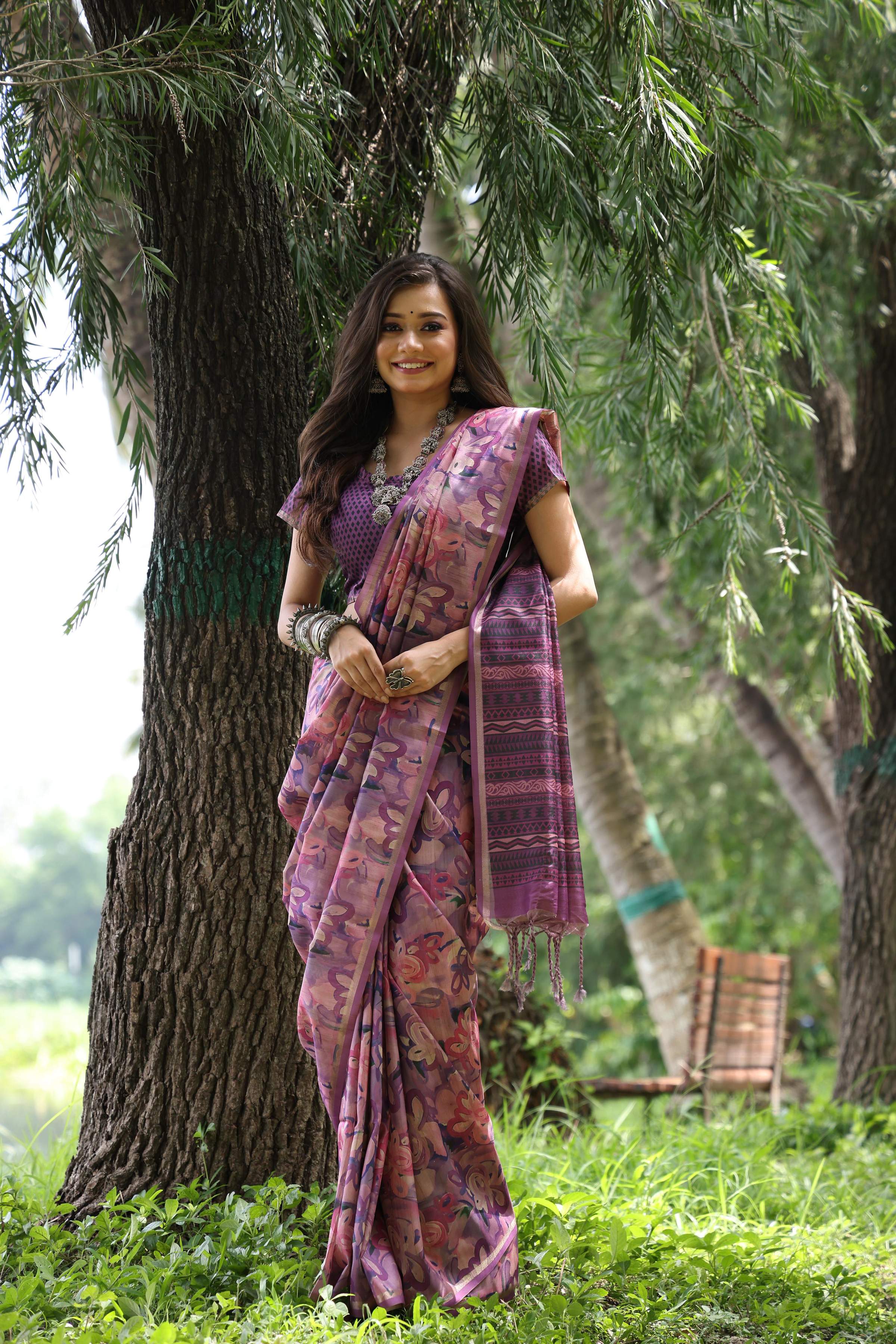 Jyoti Fashion Women's Purple Soft Tussar Silk Printed and Zari Woven Saree with Blouse - Distacart