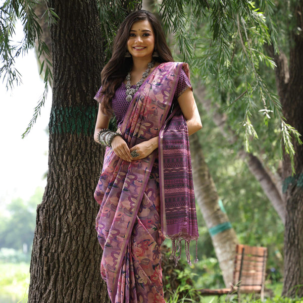 Jyoti Fashion Women's Purple Soft Tussar Silk Printed and Zari Woven Saree with Blouse - Distacart