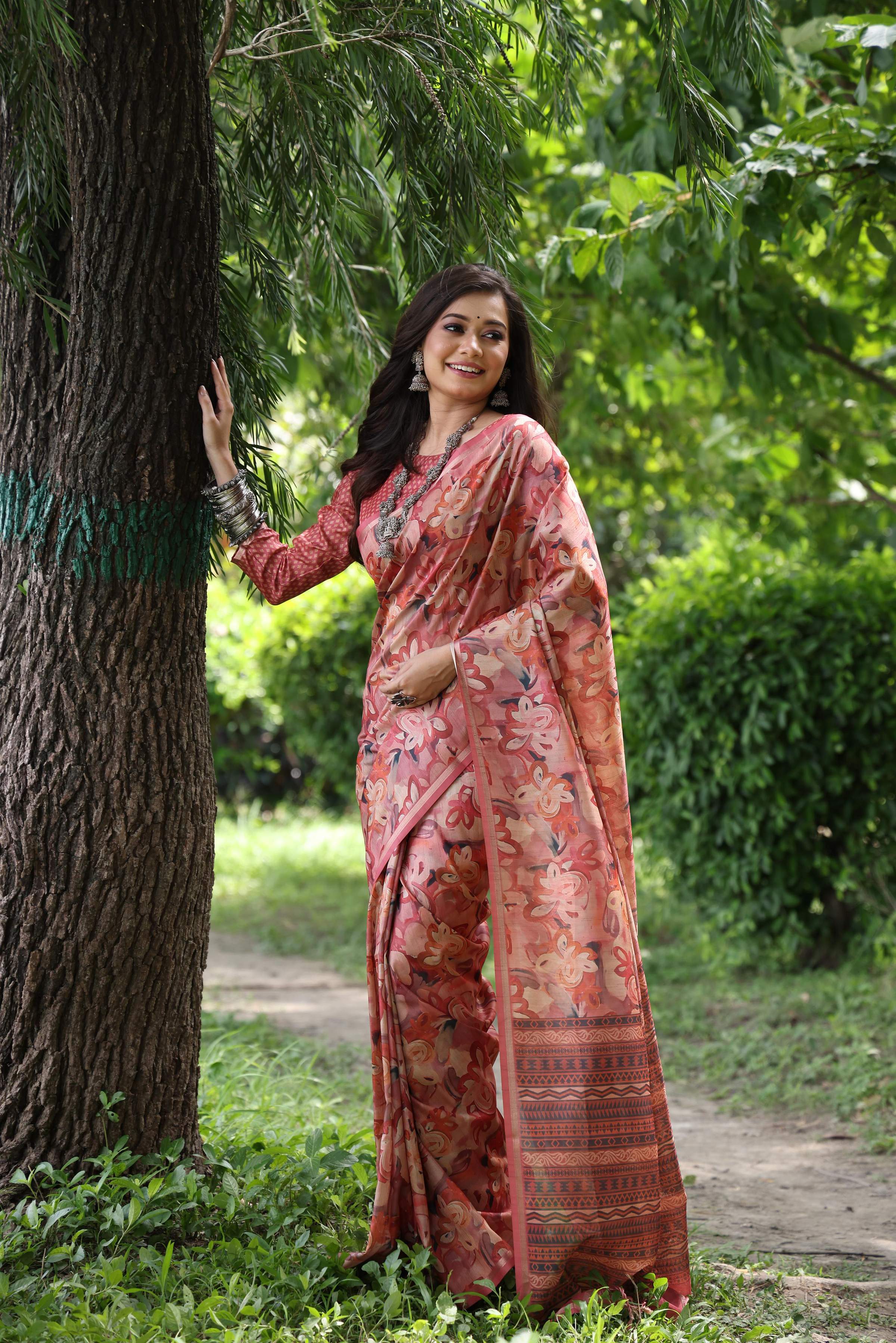 Jyoti Fashion Women's Maroon Soft Tussar Silk Printed and Zari Woven Saree with Blouse - Distacart