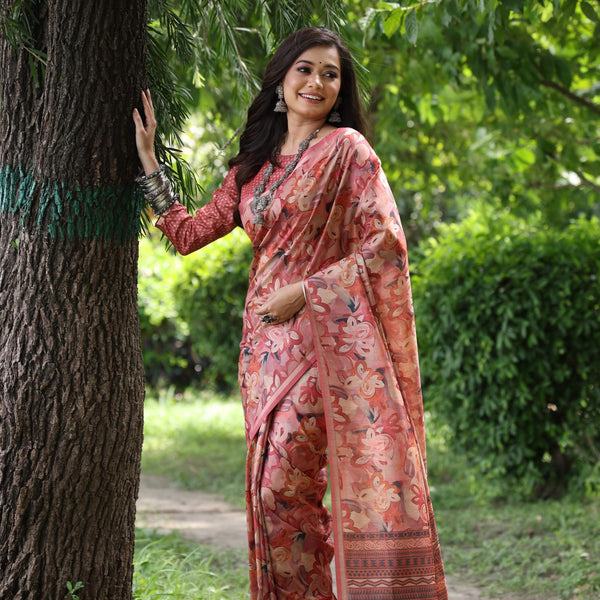 Jyoti Fashion Women's Maroon Soft Tussar Silk Printed and Zari Woven Saree with Blouse - Distacart