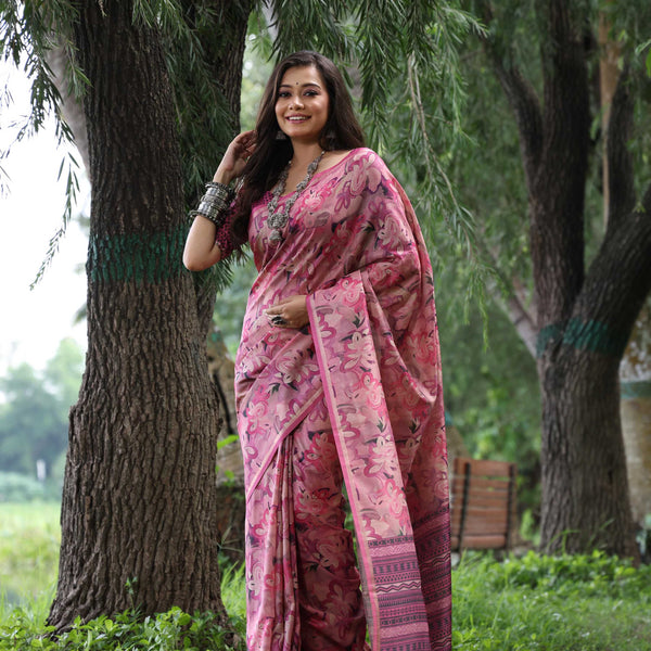 Jyoti Fashion Women's Wine Soft Tussar Silk Printed and Zari Woven Saree with Blouse - Distacart