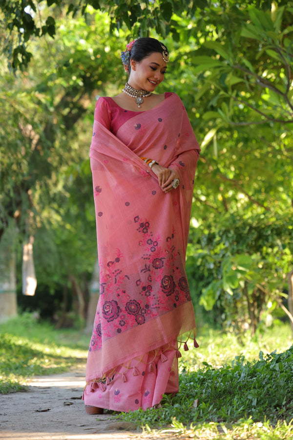 Jyoti Fashion Women's Pink Soft Muga Cotton Floral Weaving Traditional Saree with Blouse - Distacart
