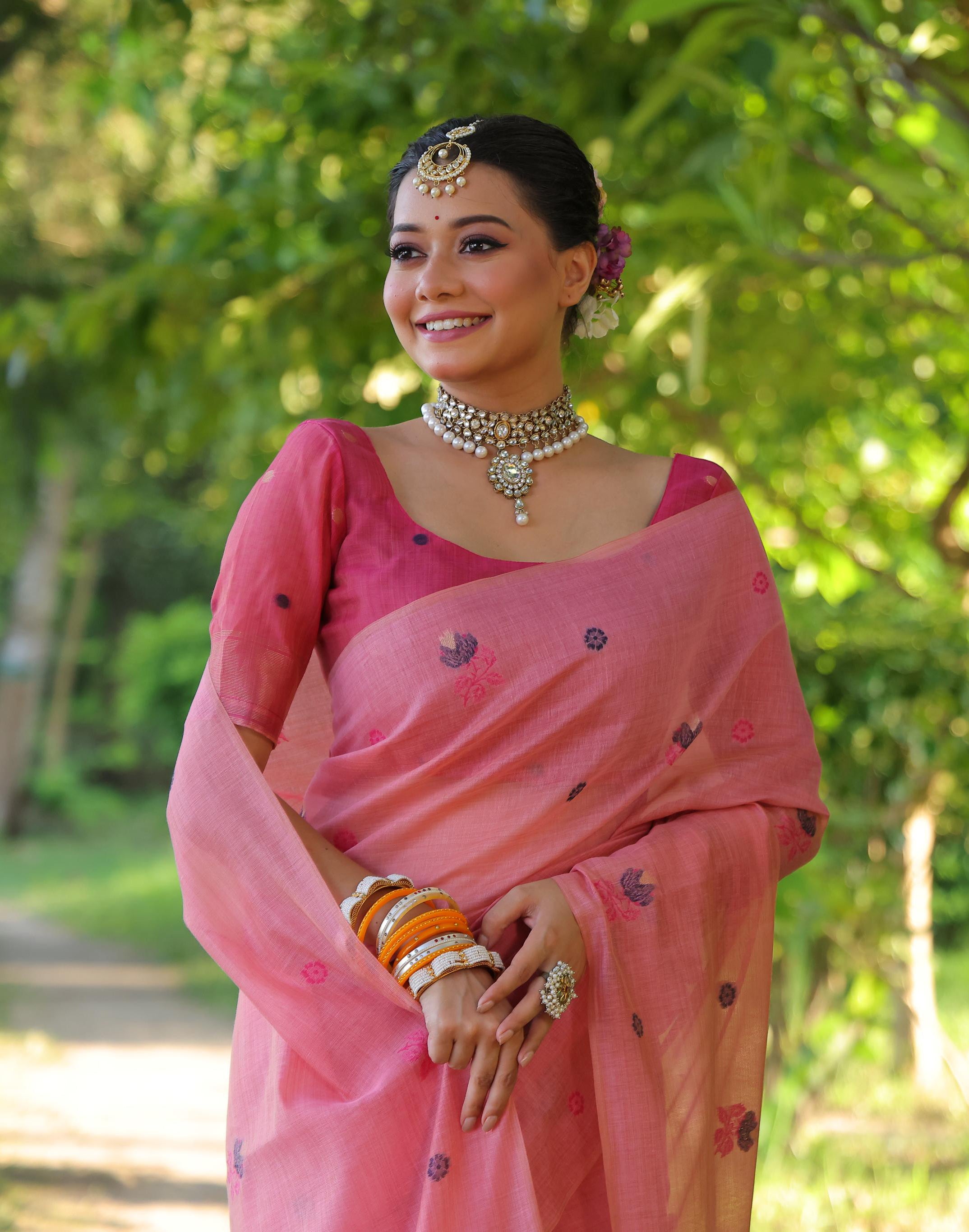 Jyoti Fashion Women's Pink Soft Muga Cotton Floral Weaving Traditional Saree with Blouse - Distacart