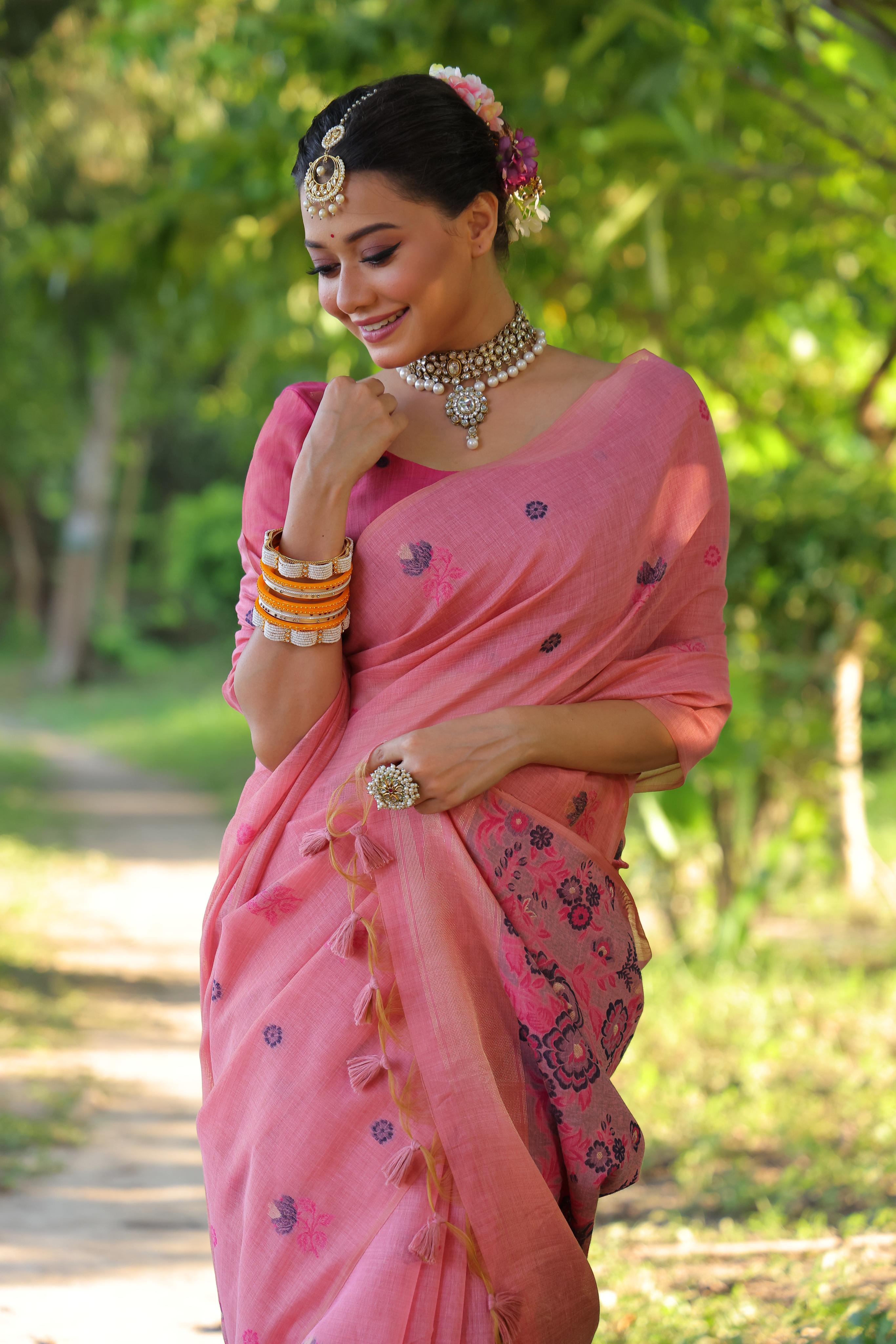 Jyoti Fashion Women's Pink Soft Muga Cotton Floral Weaving Traditional Saree with Blouse - Distacart