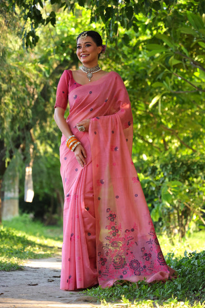 Jyoti Fashion Women's Pink Soft Muga Cotton Floral Weaving Traditional Saree with Blouse - Distacart