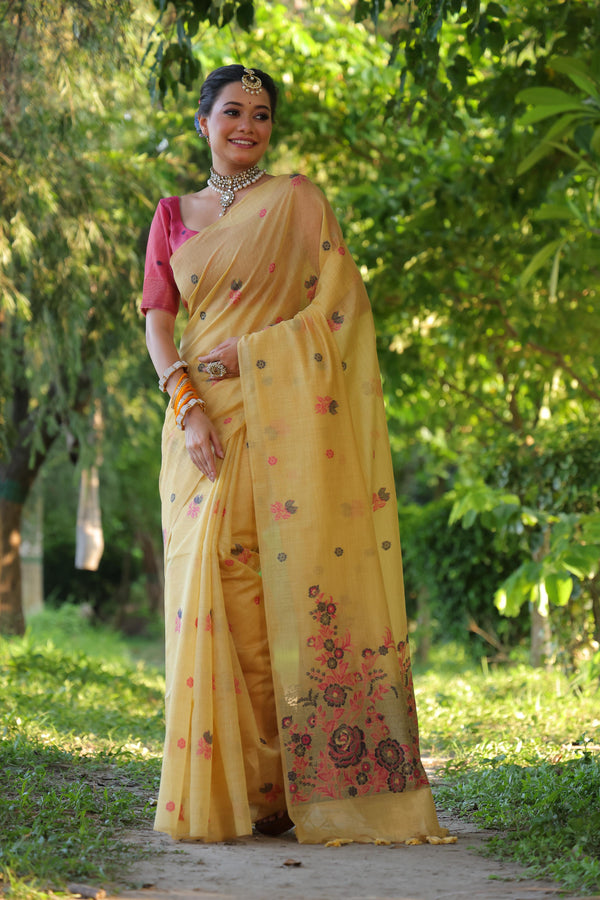 Jyoti Fashion Women's Mustard Soft Muga Cotton Floral Weaving Traditional Saree with Blouse - Distacart
