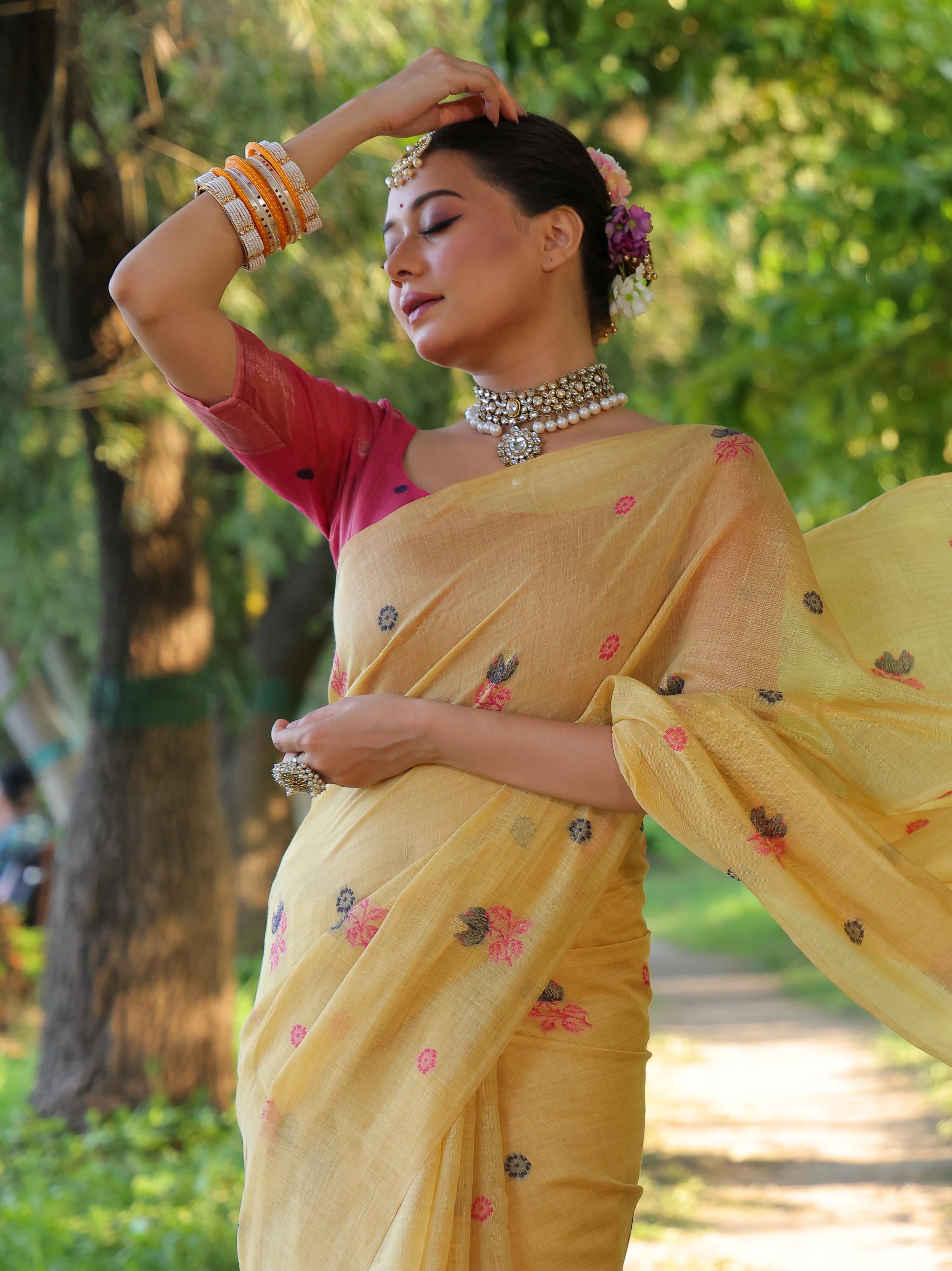Jyoti Fashion Women's Mustard Soft Muga Cotton Floral Weaving Traditional Saree with Blouse - Distacart