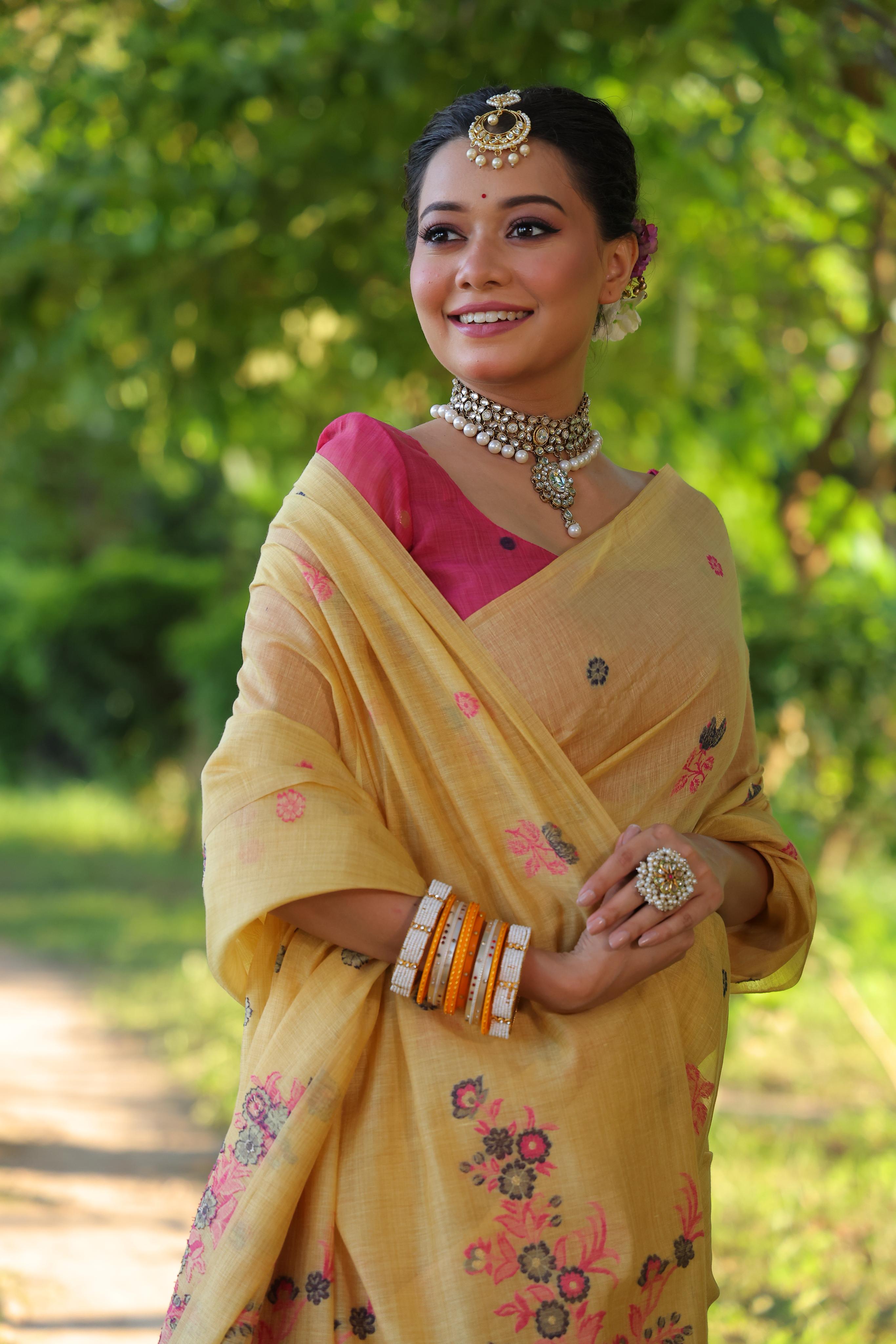 Jyoti Fashion Women's Mustard Soft Muga Cotton Floral Weaving Traditional Saree with Blouse - Distacart