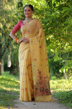 Thumbnail for Jyoti Fashion Women's Mustard Soft Muga Cotton Floral Weaving Traditional Saree with Blouse - Distacart