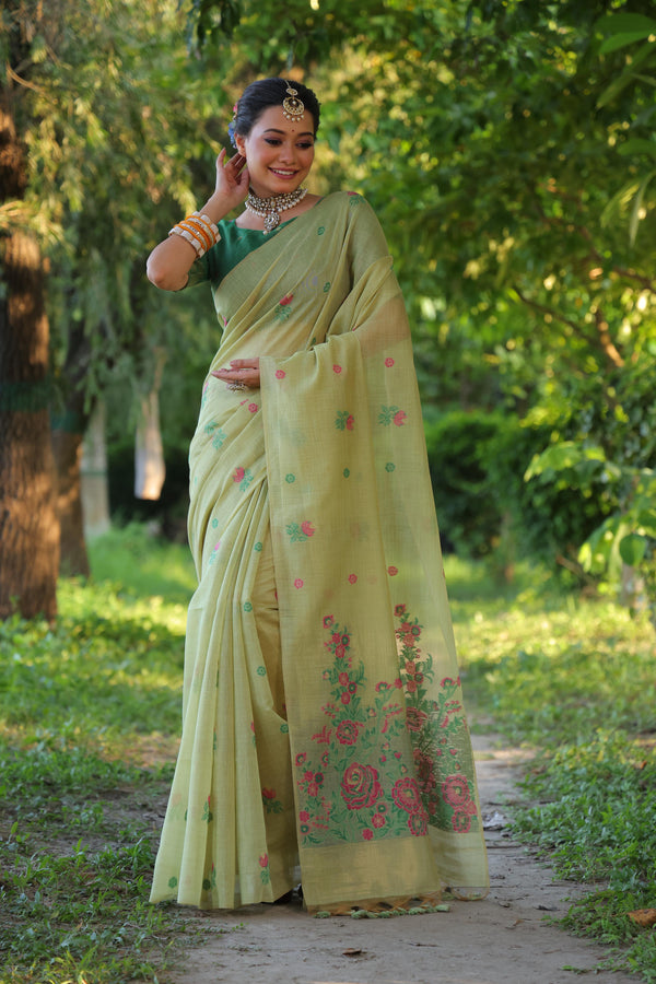 Jyoti Fashion Women's Sea Green Soft Muga Cotton Floral Weaving Traditional Saree with Blouse - Distacart
