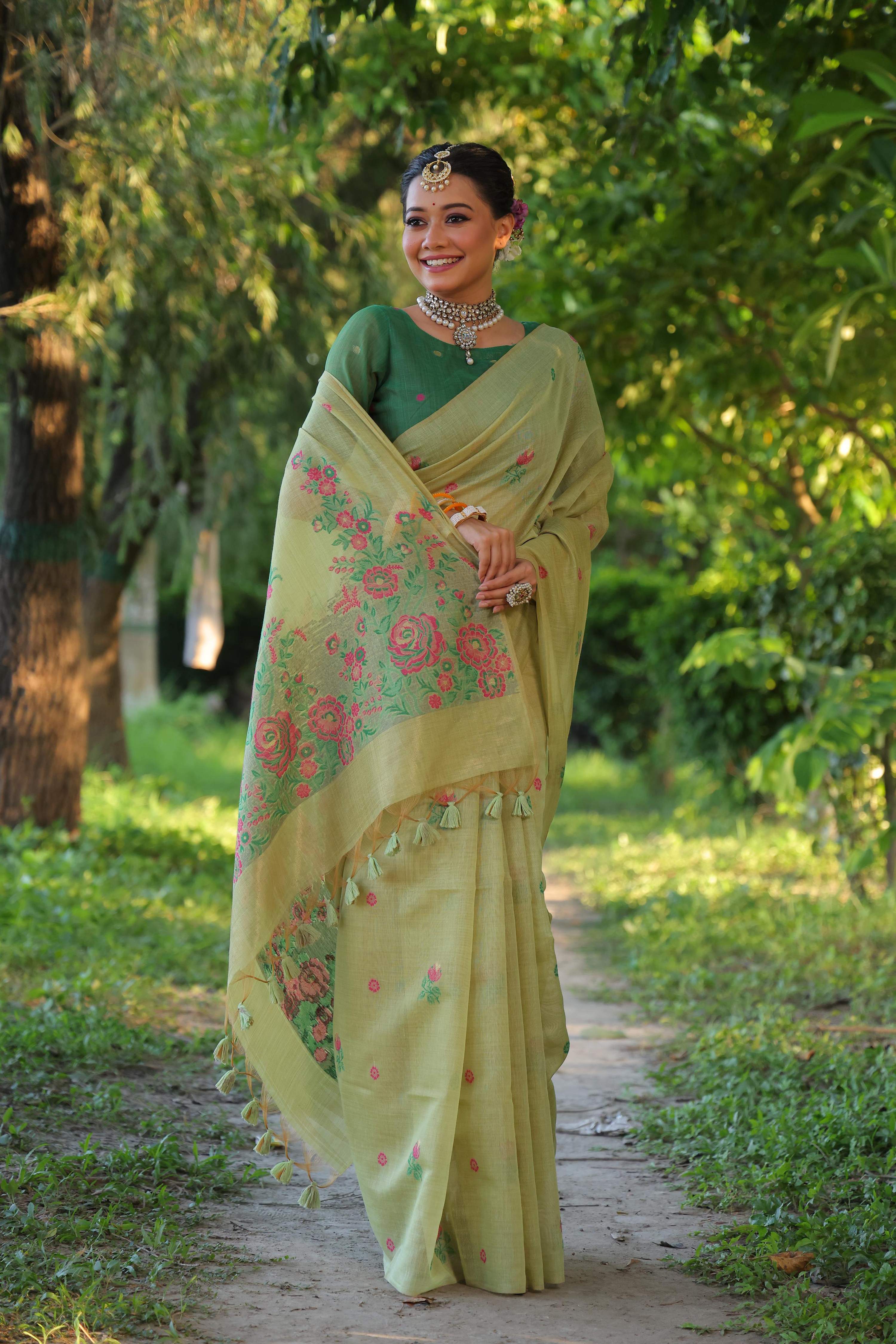 Jyoti Fashion Women's Sea Green Soft Muga Cotton Floral Weaving Traditional Saree with Blouse - Distacart