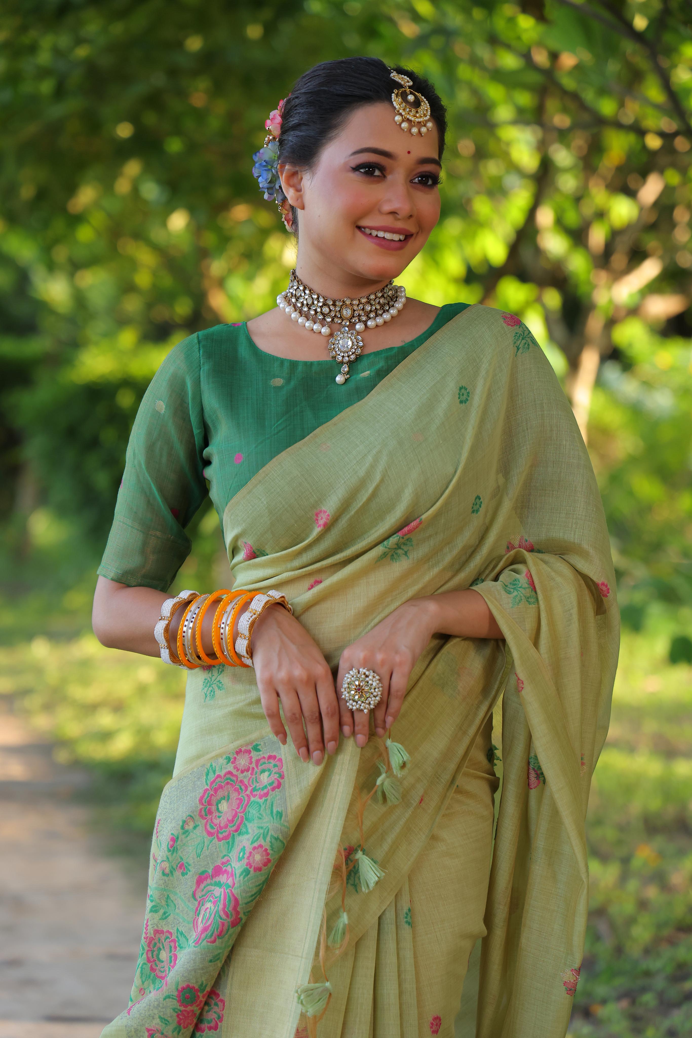 Jyoti Fashion Women's Sea Green Soft Muga Cotton Floral Weaving Traditional Saree with Blouse - Distacart