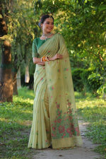 Thumbnail for Jyoti Fashion Women's Sea Green Soft Muga Cotton Floral Weaving Traditional Saree with Blouse - Distacart