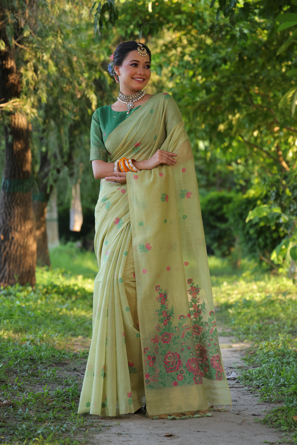Jyoti Fashion Women's Sea Green Soft Muga Cotton Floral Weaving Traditional Saree with Blouse - Distacart