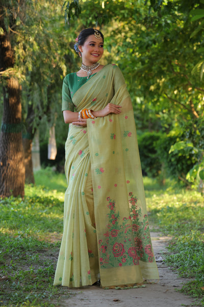 Jyoti Fashion Women's Sea Green Soft Muga Cotton Floral Weaving Traditional Saree with Blouse - Distacart
