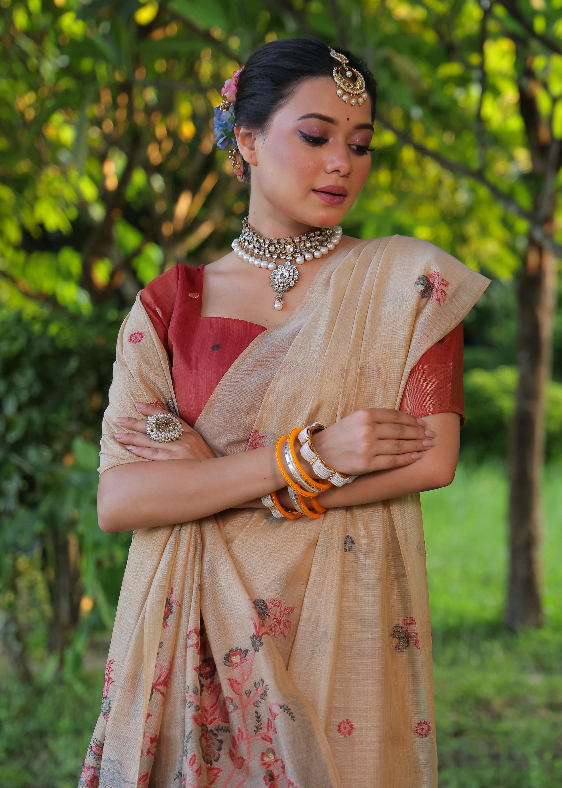 Jyoti Fashion Women's Beige Soft Muga Cotton Floral Weaving Traditional Saree with Blouse - Distacart