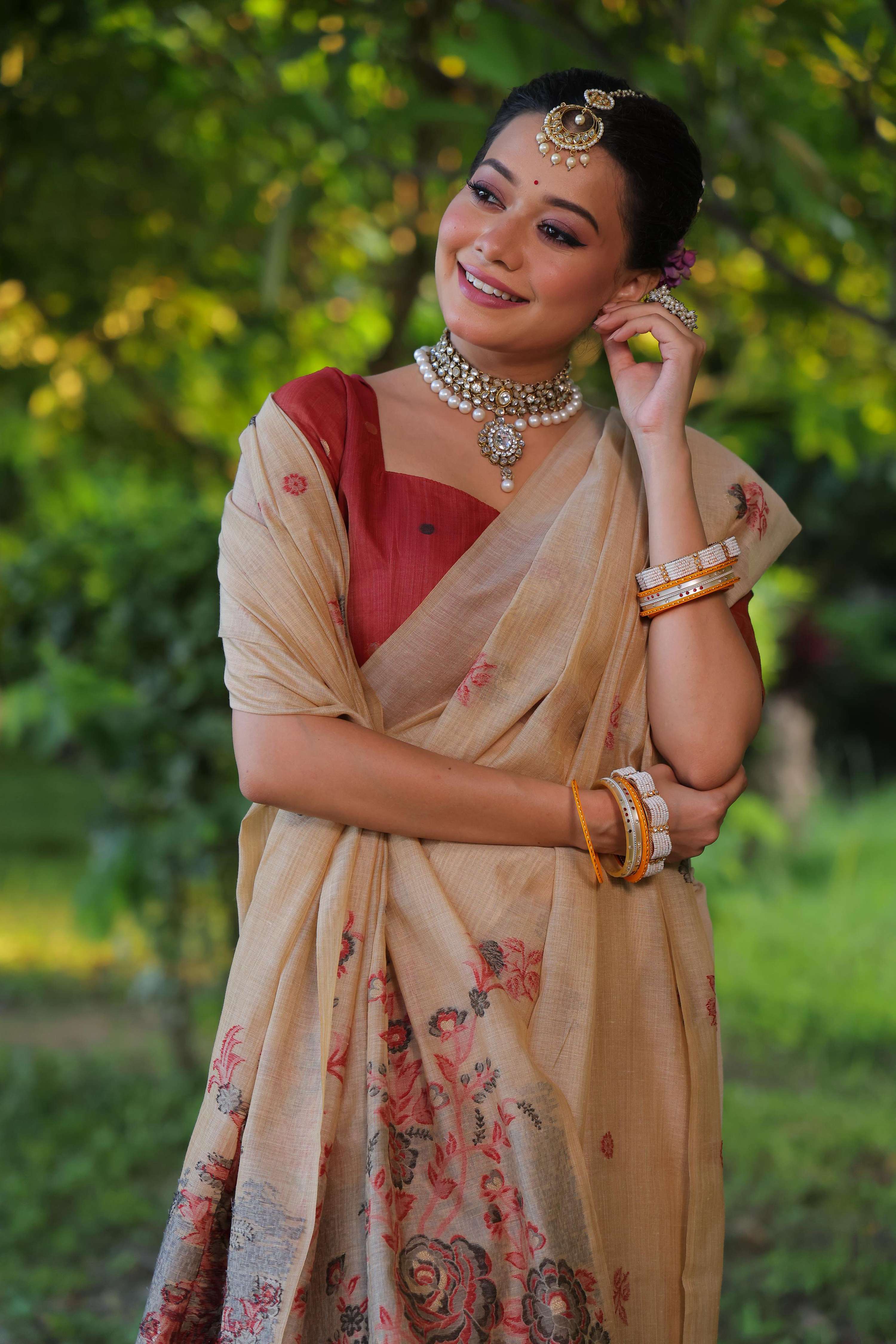 Jyoti Fashion Women's Beige Soft Muga Cotton Floral Weaving Traditional Saree with Blouse - Distacart