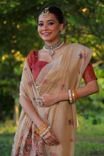 Thumbnail for Jyoti Fashion Women's Beige Soft Muga Cotton Floral Weaving Traditional Saree with Blouse - Distacart