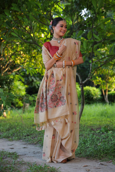 Jyoti Fashion Women's Beige Soft Muga Cotton Floral Weaving Traditional Saree with Blouse - Distacart