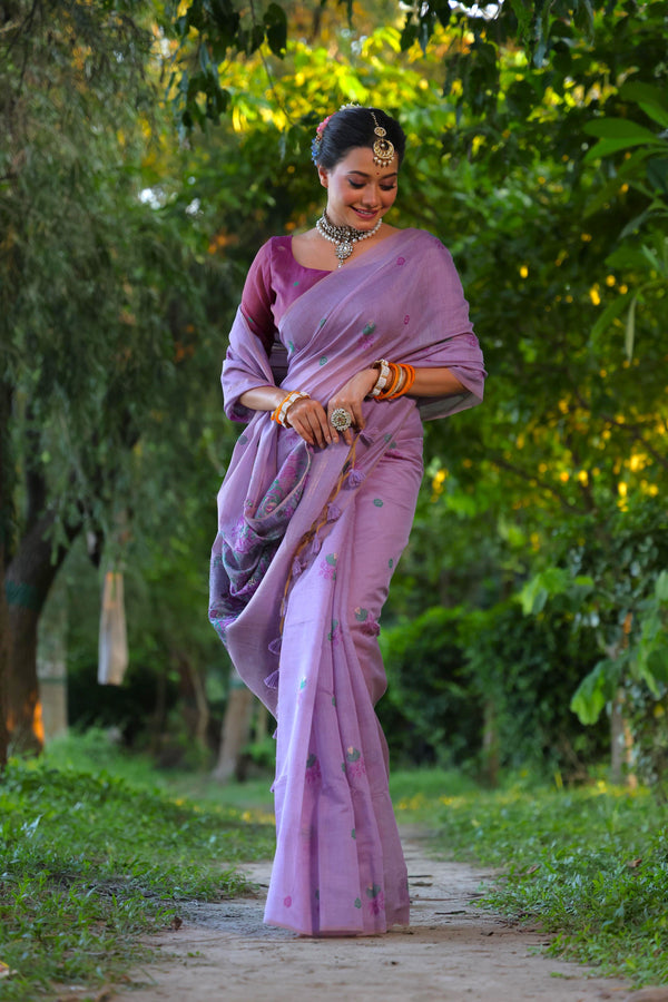 Jyoti Fashion Women's Purple Soft Muga Cotton Floral Weaving Traditional Saree with Blouse - Distacart