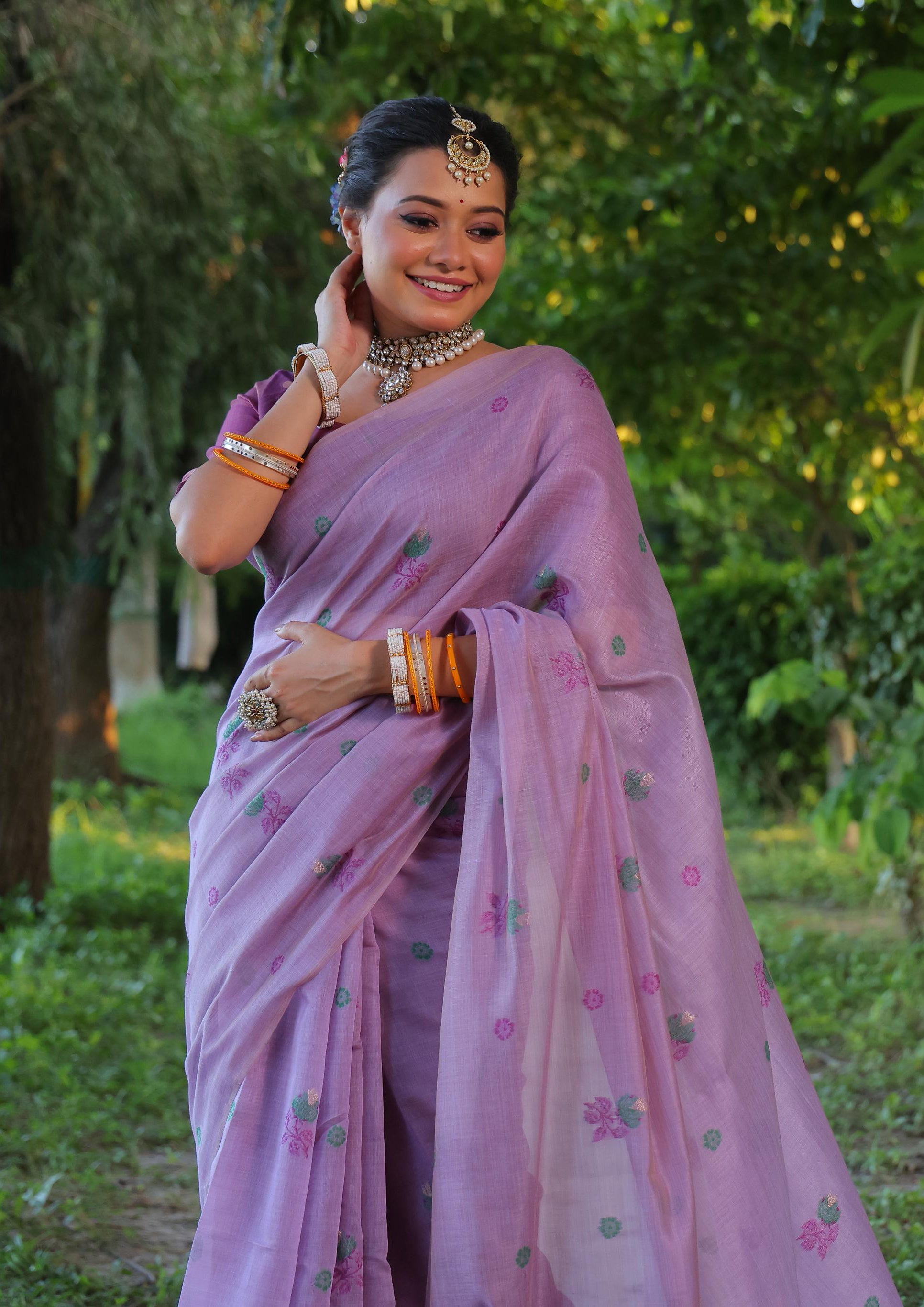 Jyoti Fashion Women's Purple Soft Muga Cotton Floral Weaving Traditional Saree with Blouse - Distacart