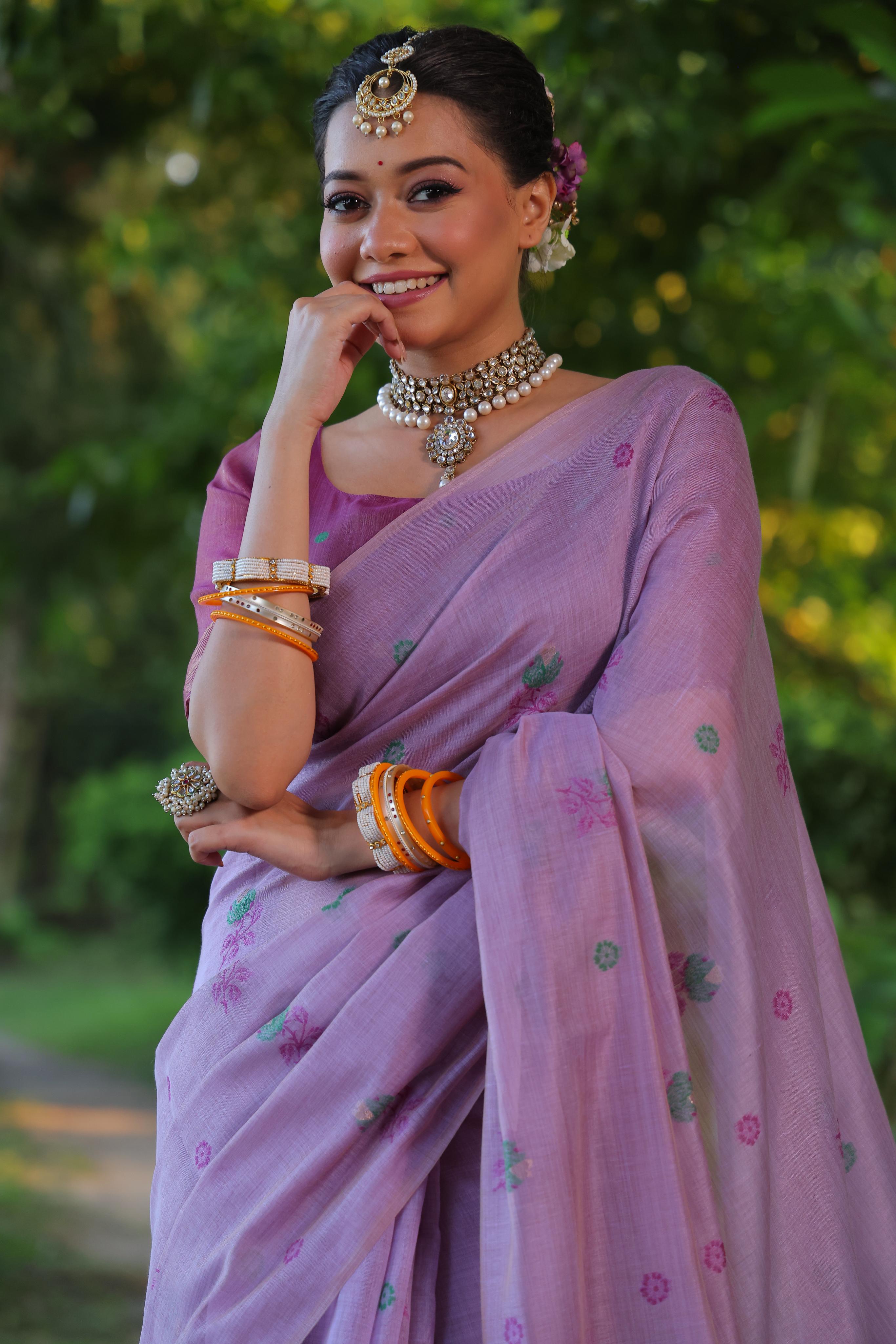 Jyoti Fashion Women's Purple Soft Muga Cotton Floral Weaving Traditional Saree with Blouse - Distacart