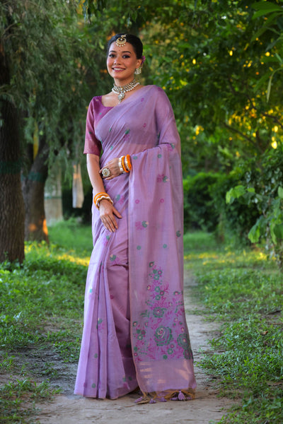 Jyoti Fashion Women's Purple Soft Muga Cotton Floral Weaving Traditional Saree with Blouse - Distacart