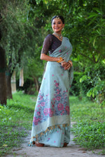 Thumbnail for Jyoti Fashion Women's Sky Blue Soft Muga Cotton Floral Weaving Traditional Saree with Blouse - Distacart
