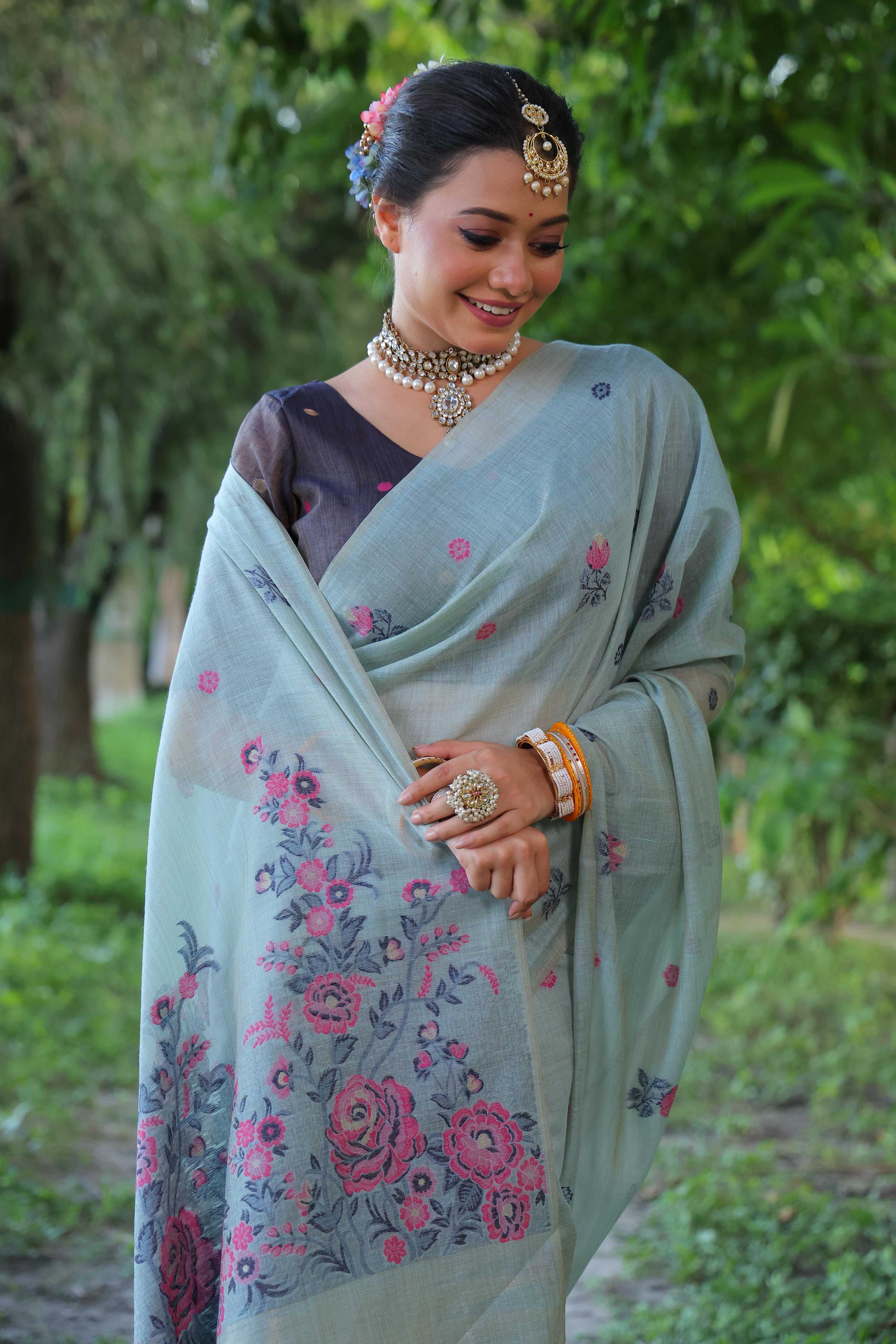 Jyoti Fashion Women's Sky Blue Soft Muga Cotton Floral Weaving Traditional Saree with Blouse - Distacart