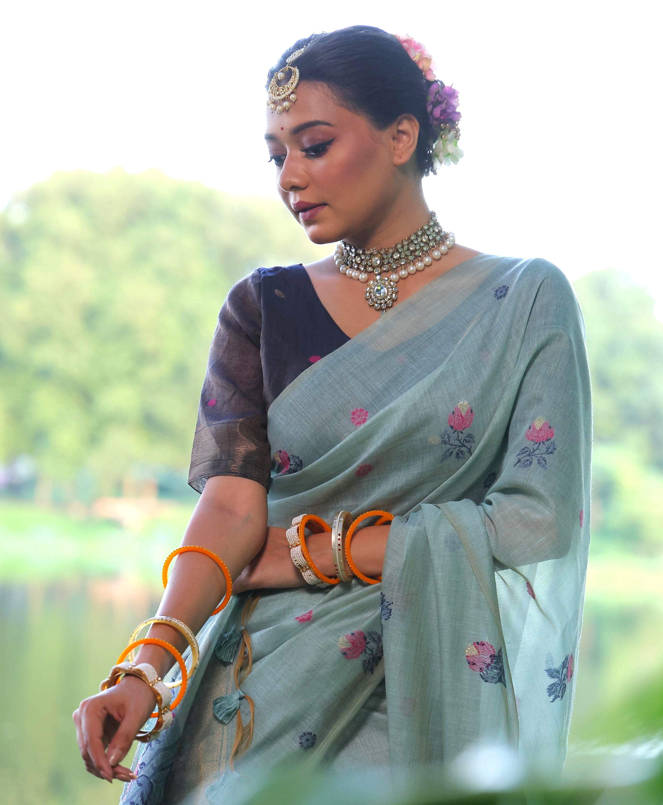 Jyoti Fashion Women's Sky Blue Soft Muga Cotton Floral Weaving Traditional Saree with Blouse - Distacart