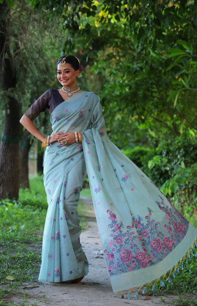 Jyoti Fashion Women's Sky Blue Soft Muga Cotton Floral Weaving Traditional Saree with Blouse - Distacart