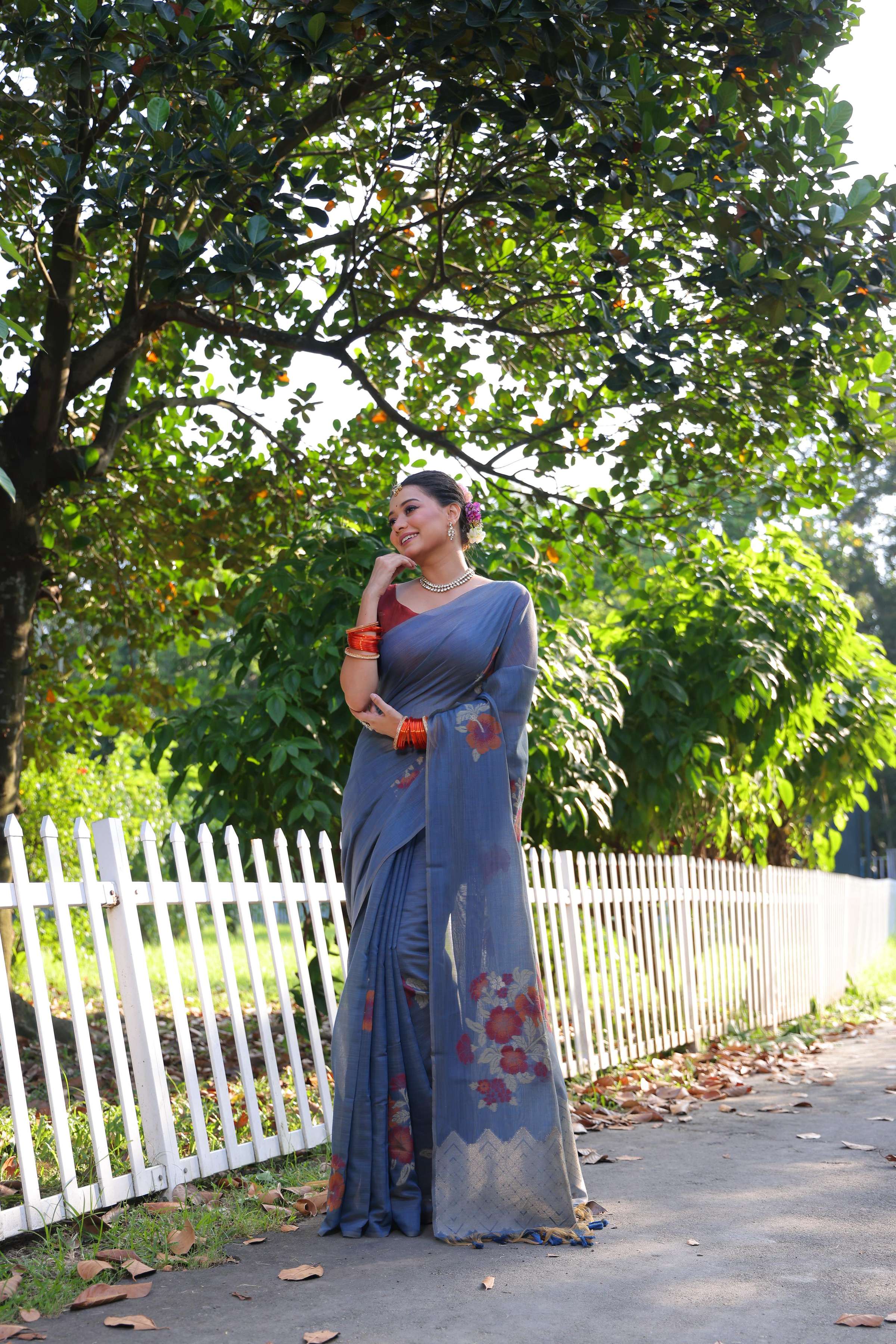 Jyoti Fashion Women's Blue Soft Muga Cotton Resham Jamdani Weaving Traditional Saree with Blouse - Distacart