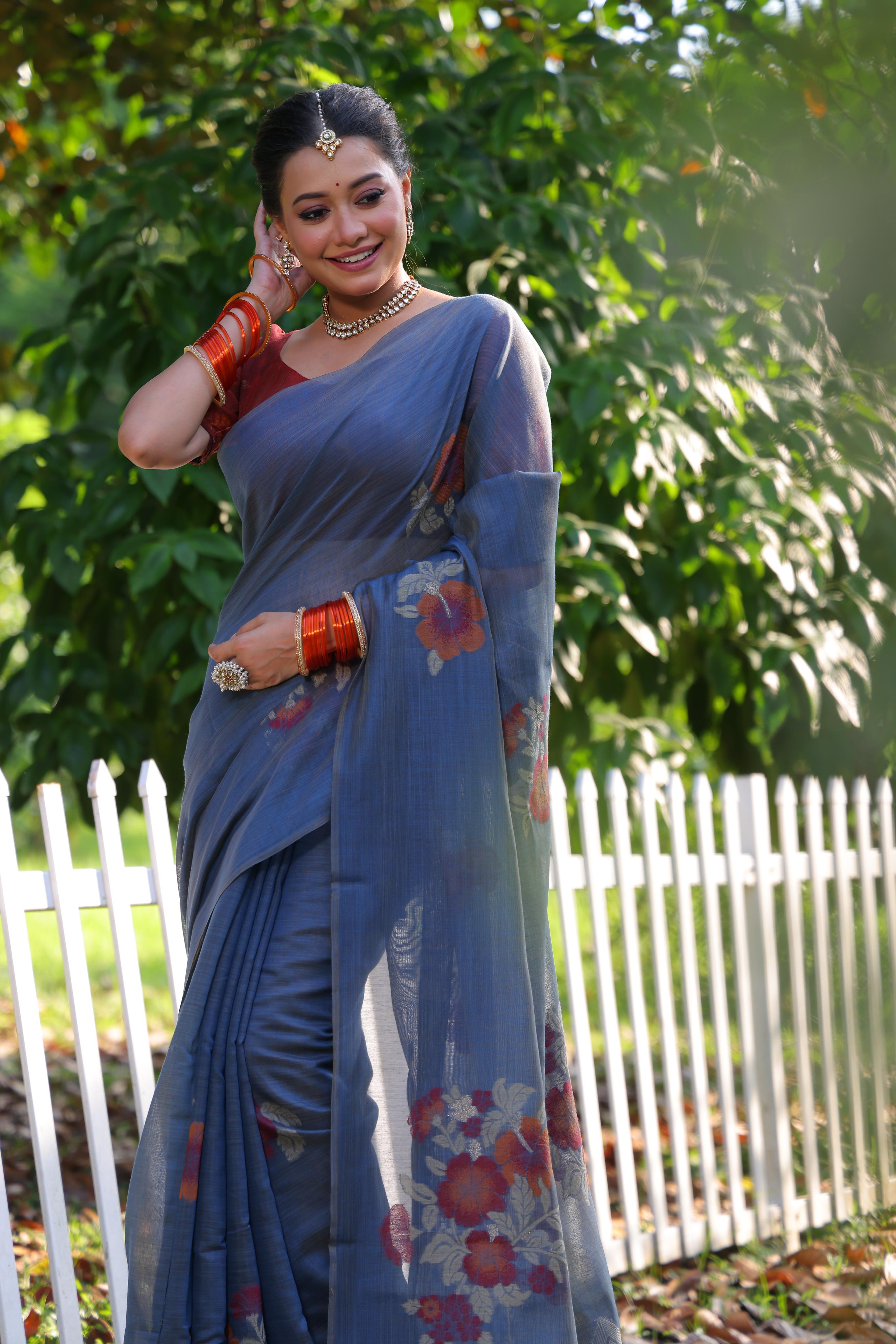 Jyoti Fashion Women's Blue Soft Muga Cotton Resham Jamdani Weaving Traditional Saree with Blouse - Distacart