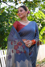 Thumbnail for Jyoti Fashion Women's Blue Soft Muga Cotton Resham Jamdani Weaving Traditional Saree with Blouse - Distacart