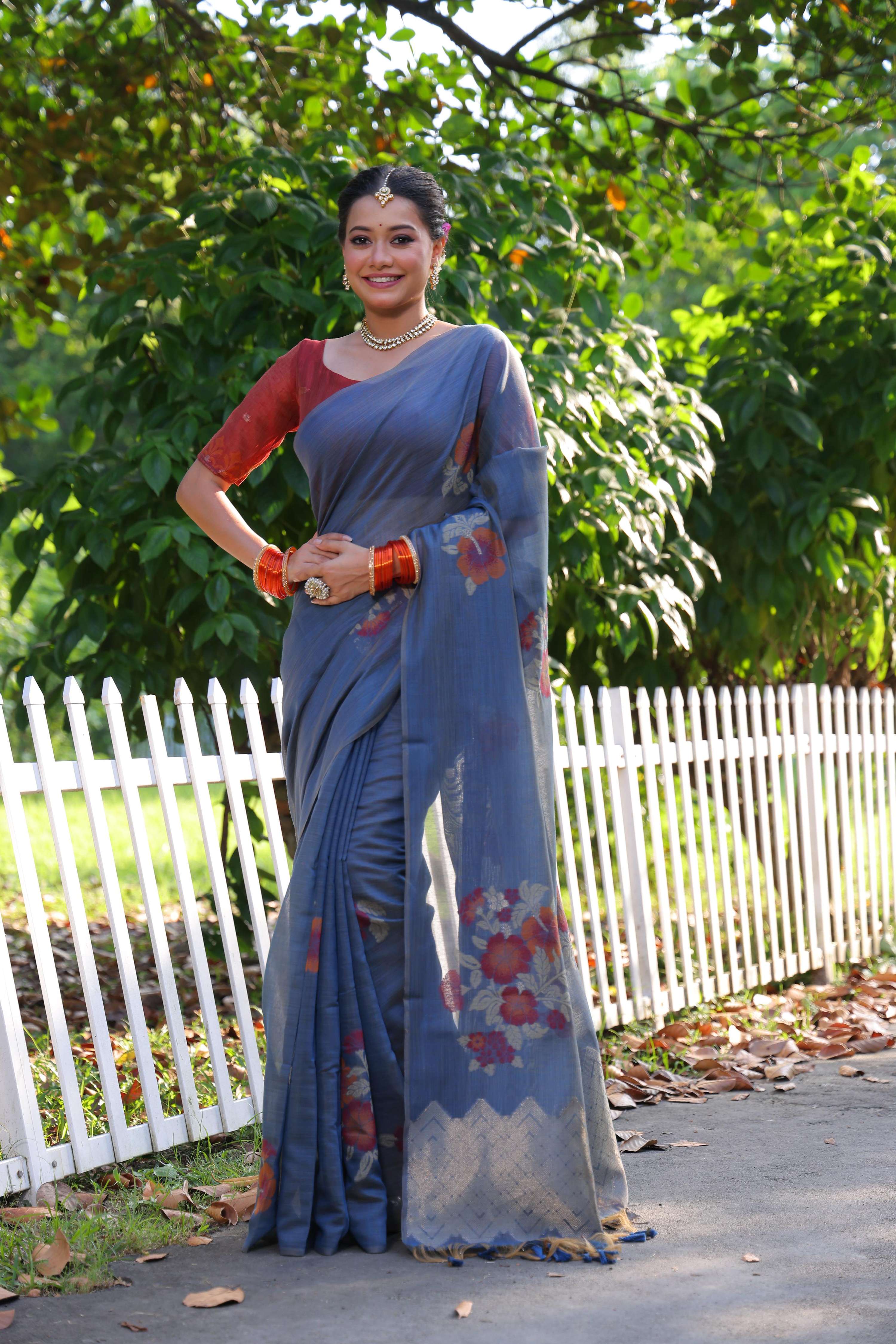 Jyoti Fashion Women's Blue Soft Muga Cotton Resham Jamdani Weaving Traditional Saree with Blouse - Distacart