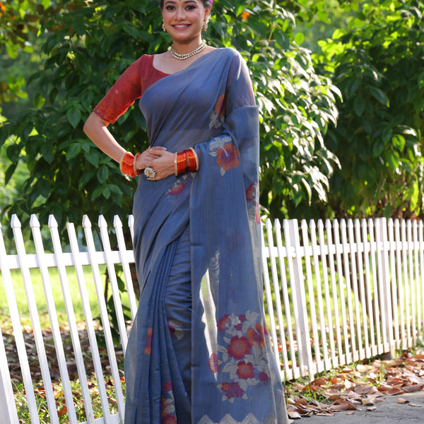 Jyoti Fashion Women's Blue Soft Muga Cotton Resham Jamdani Weaving Traditional Saree with Blouse - Distacart