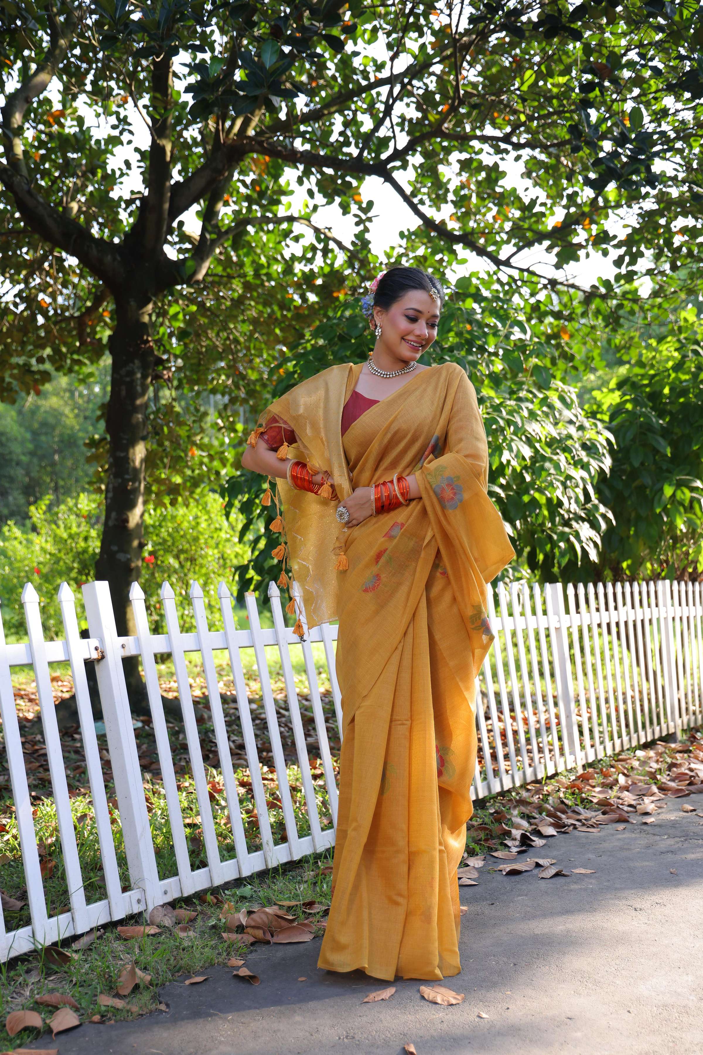 Jyoti Fashion Women's Mustard Soft Muga Cotton Resham Jamdani Weaving Traditional Saree with Blouse - Distacart