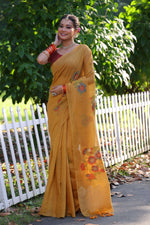 Thumbnail for Jyoti Fashion Women's Mustard Soft Muga Cotton Resham Jamdani Weaving Traditional Saree with Blouse - Distacart