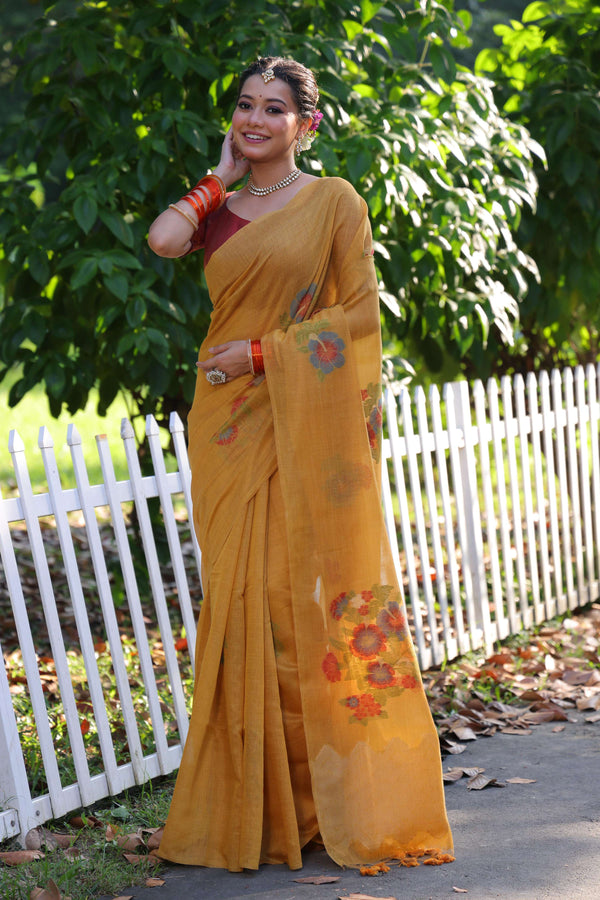 Jyoti Fashion Women's Mustard Soft Muga Cotton Resham Jamdani Weaving Traditional Saree with Blouse - Distacart