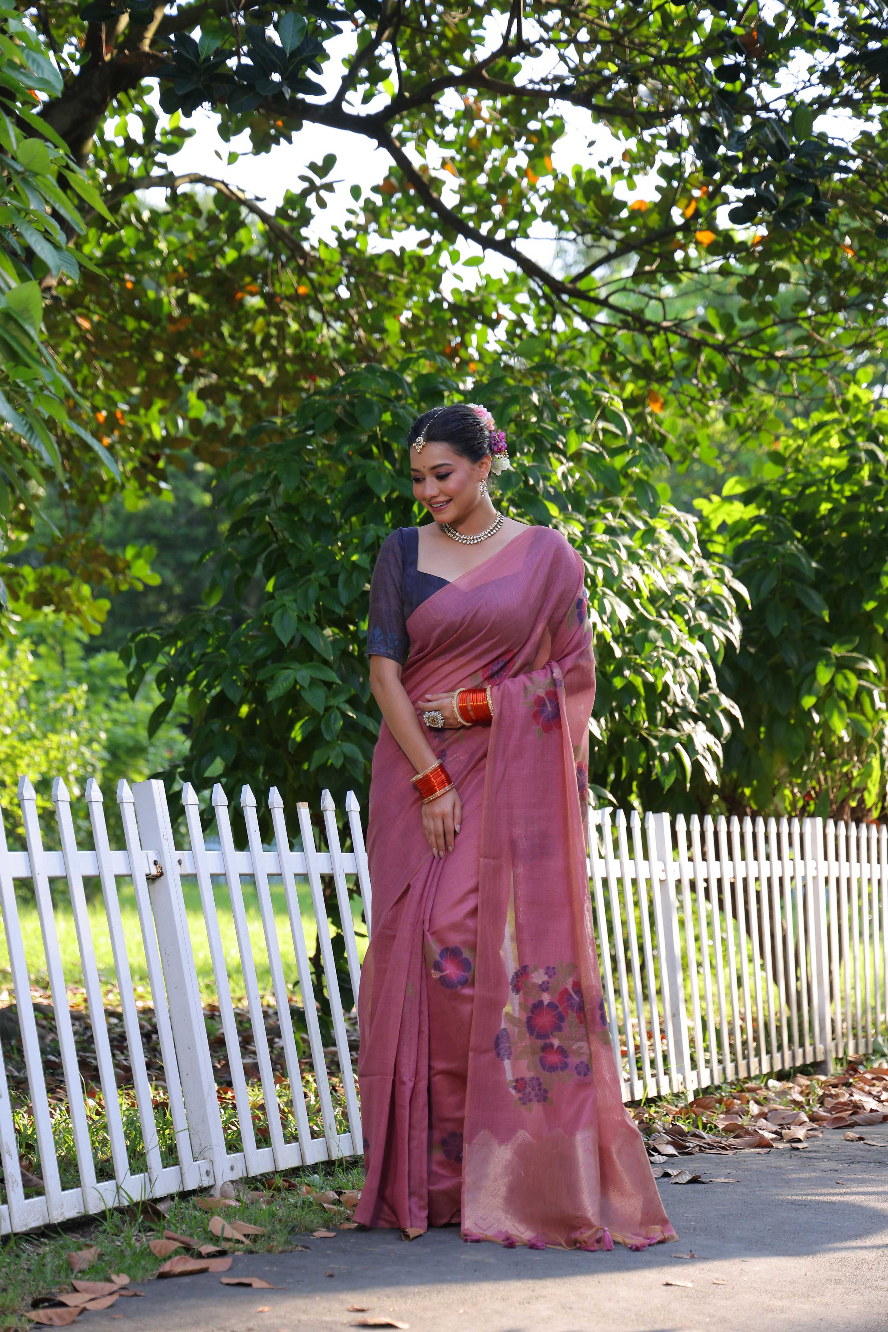 Jyoti Fashion Women's Pink Soft Muga Cotton Resham Jamdani Weaving Traditional Saree with Blouse - Distacart