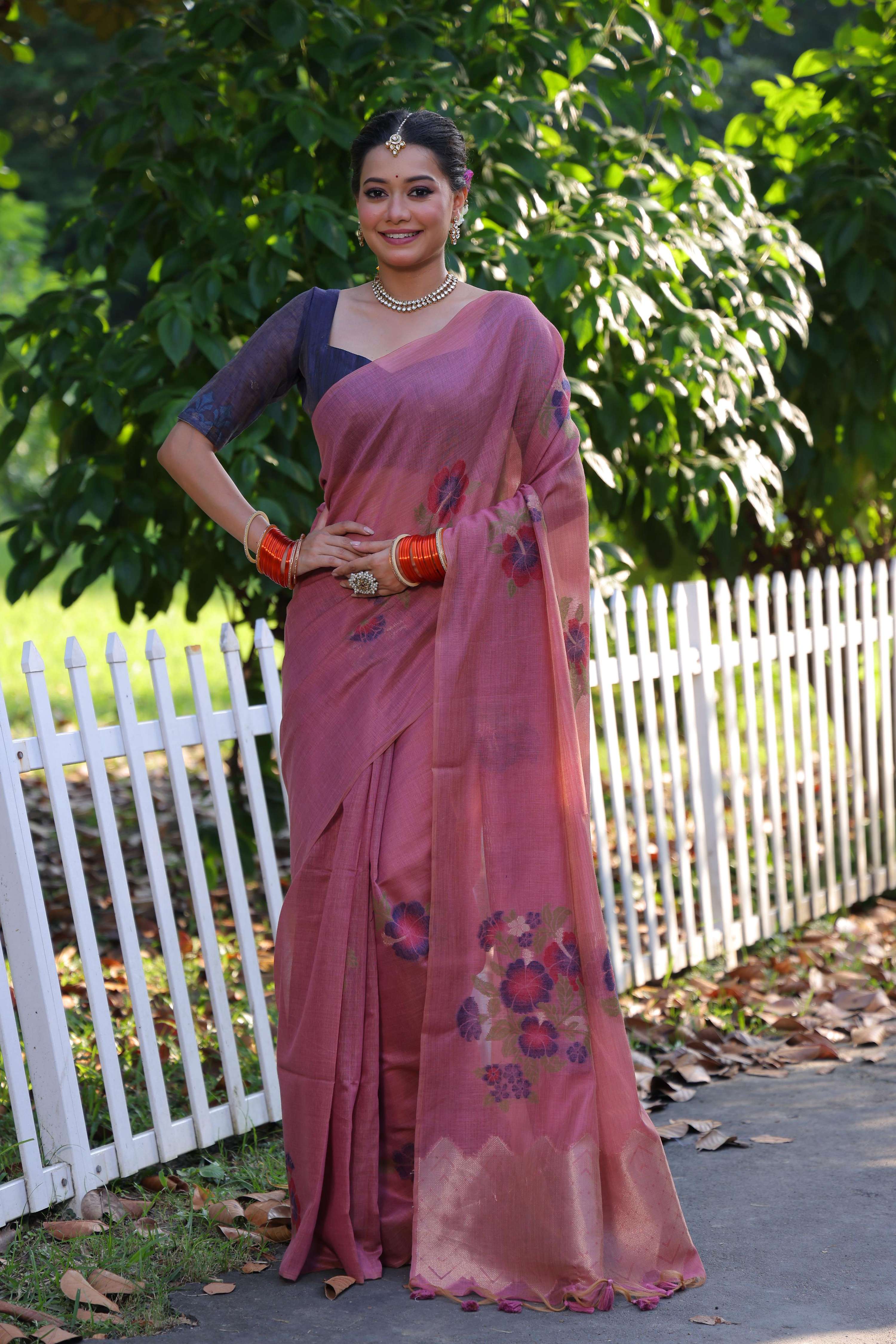 Jyoti Fashion Women's Pink Soft Muga Cotton Resham Jamdani Weaving Traditional Saree with Blouse - Distacart