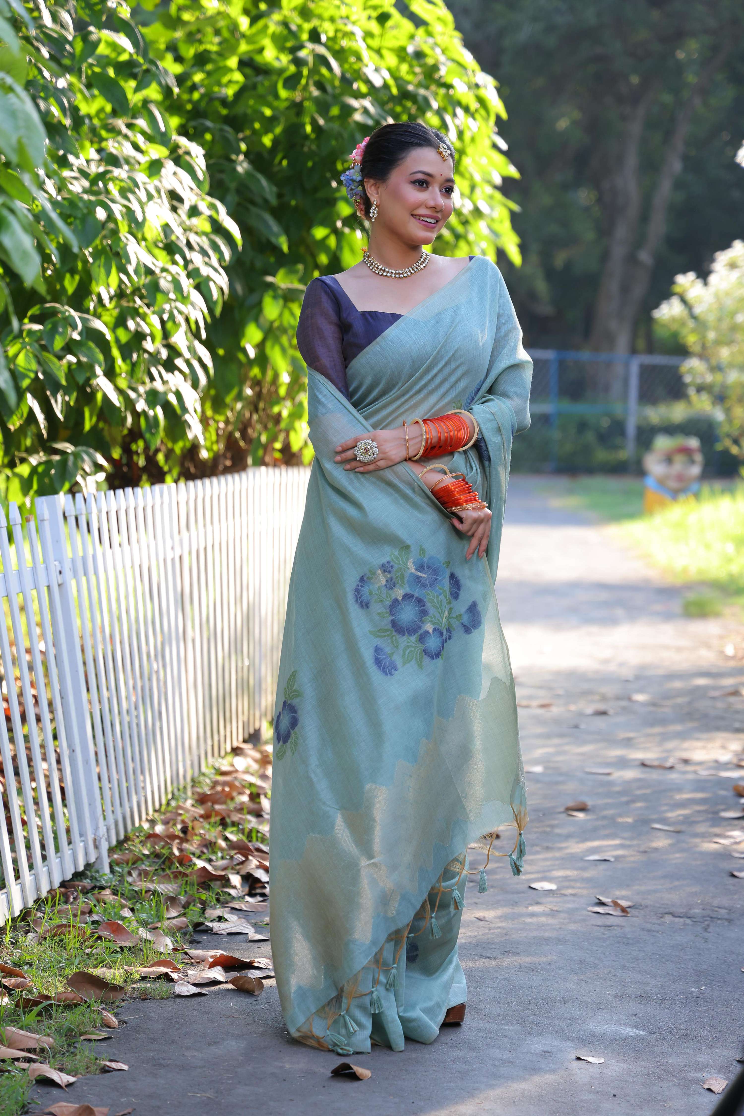 Jyoti Fashion Women's Sky Blue Soft Muga Cotton Resham Jamdani Weaving Traditional Saree with Blouse - Distacart