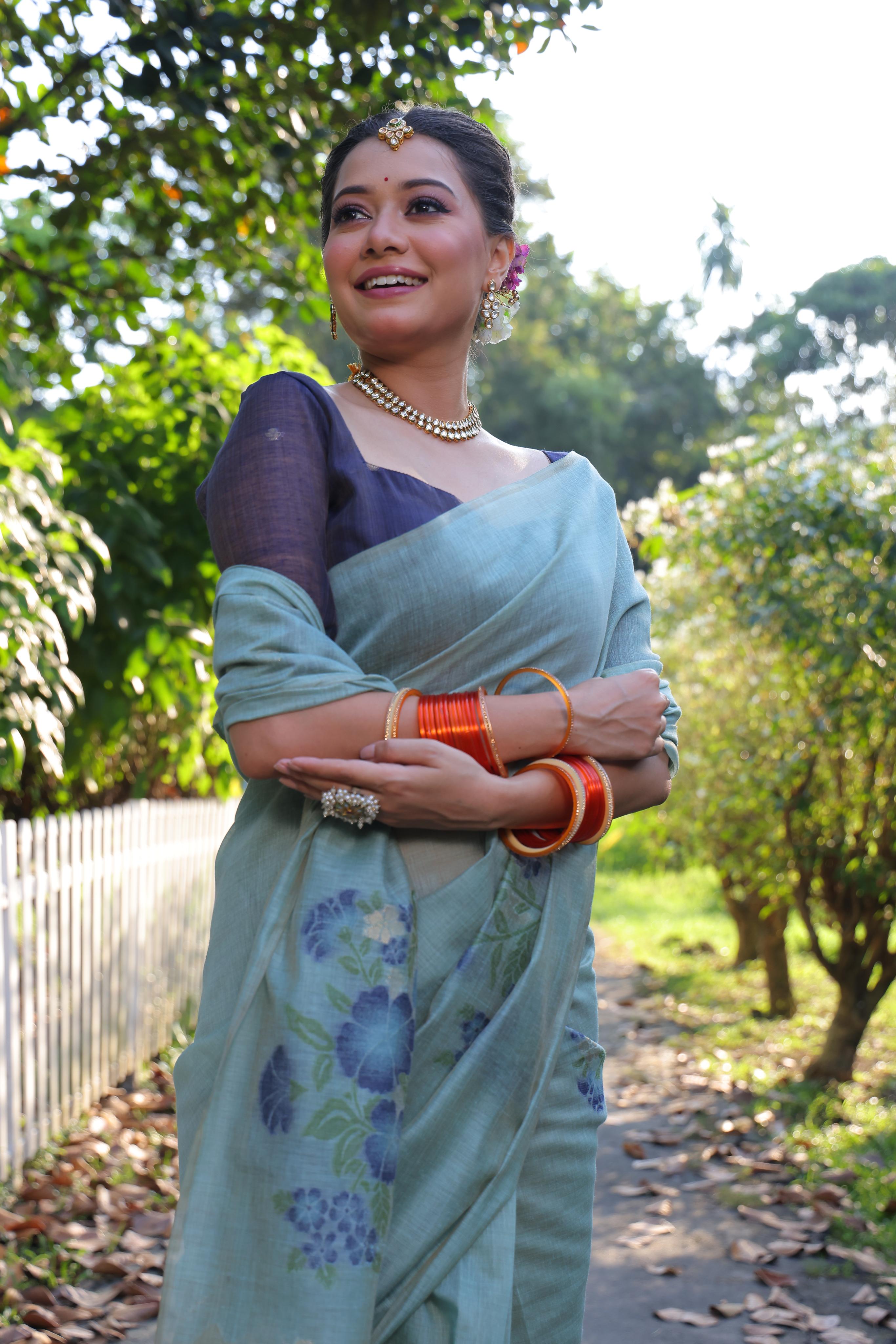 Jyoti Fashion Women's Sky Blue Soft Muga Cotton Resham Jamdani Weaving Traditional Saree with Blouse - Distacart