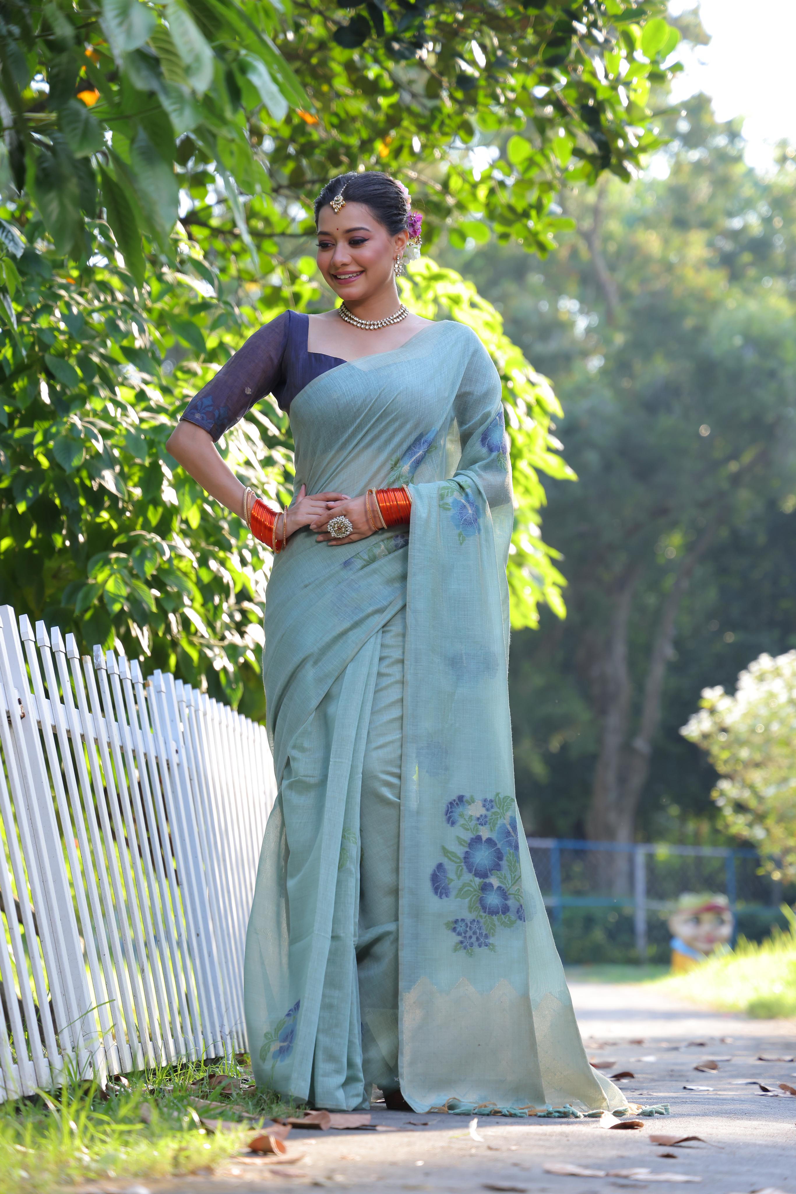 Jyoti Fashion Women's Sky Blue Soft Muga Cotton Resham Jamdani Weaving Traditional Saree with Blouse - Distacart