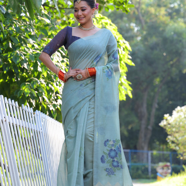 Jyoti Fashion Women's Sky Blue Soft Muga Cotton Resham Jamdani Weaving Traditional Saree with Blouse - Distacart