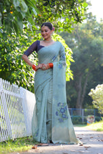 Thumbnail for Jyoti Fashion Women's Sky Blue Soft Muga Cotton Resham Jamdani Weaving Traditional Saree with Blouse - Distacart