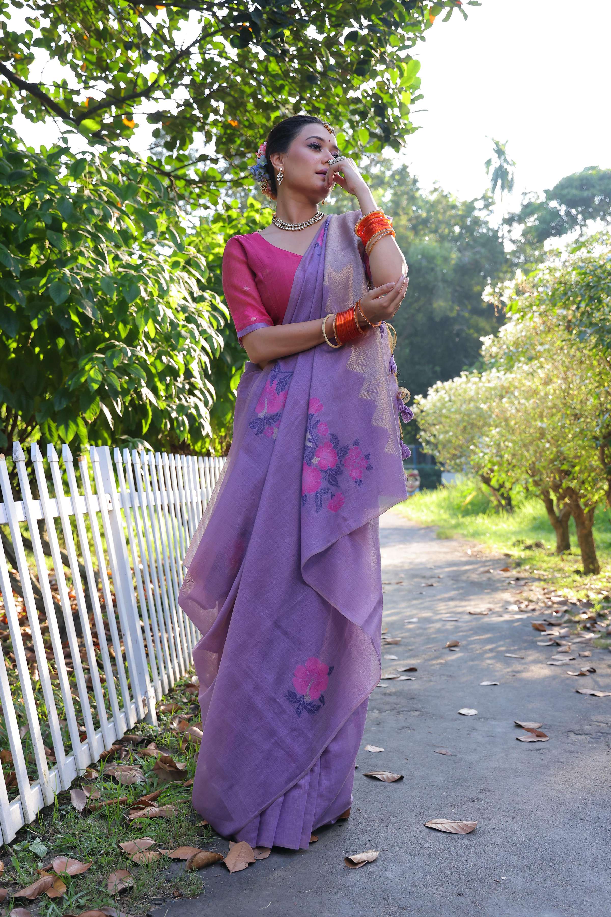 Jyoti Fashion Women's Purple Soft Muga Cotton Resham Jamdani Weaving Traditional Saree with Blouse - Distacart