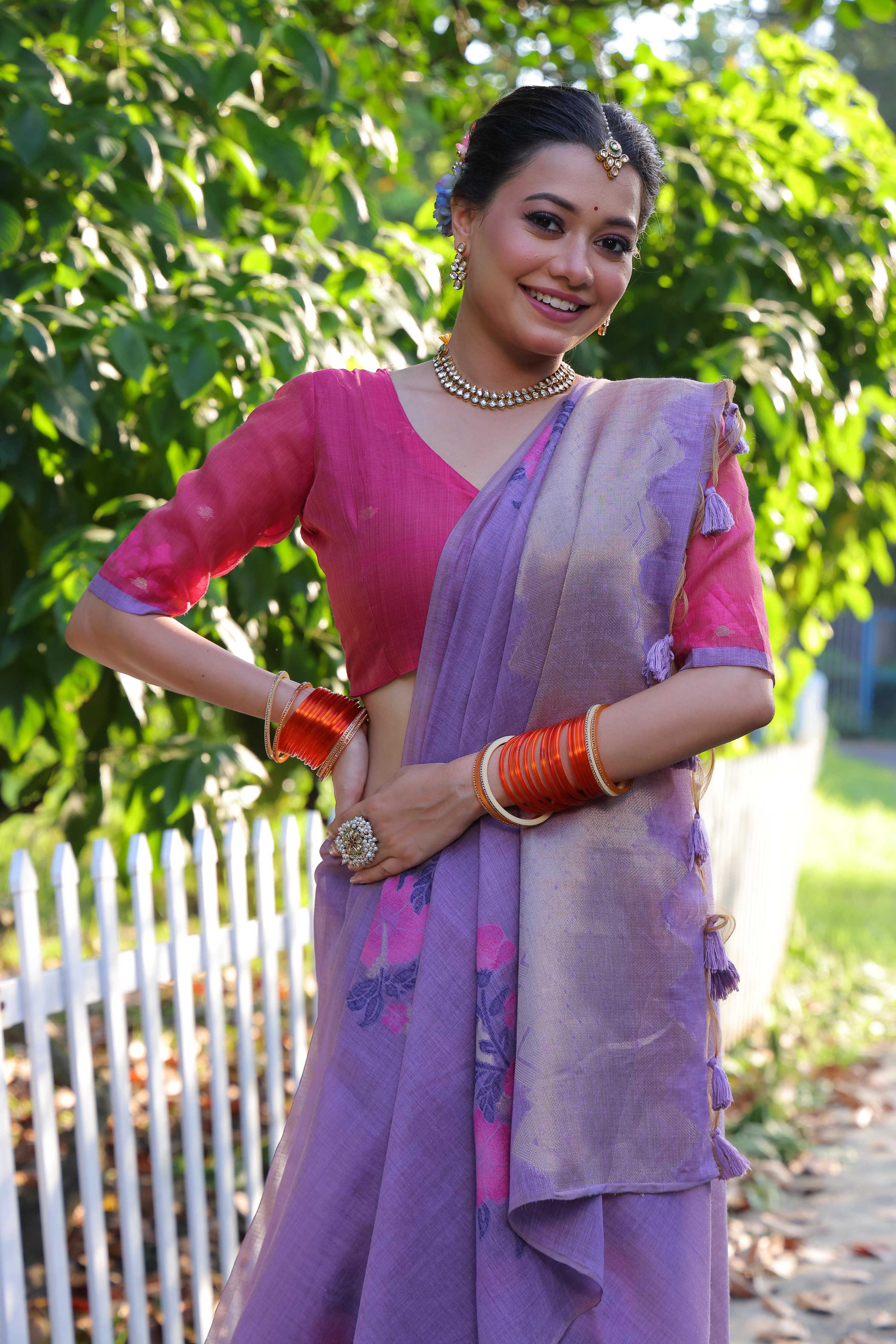 Jyoti Fashion Women's Purple Soft Muga Cotton Resham Jamdani Weaving Traditional Saree with Blouse - Distacart